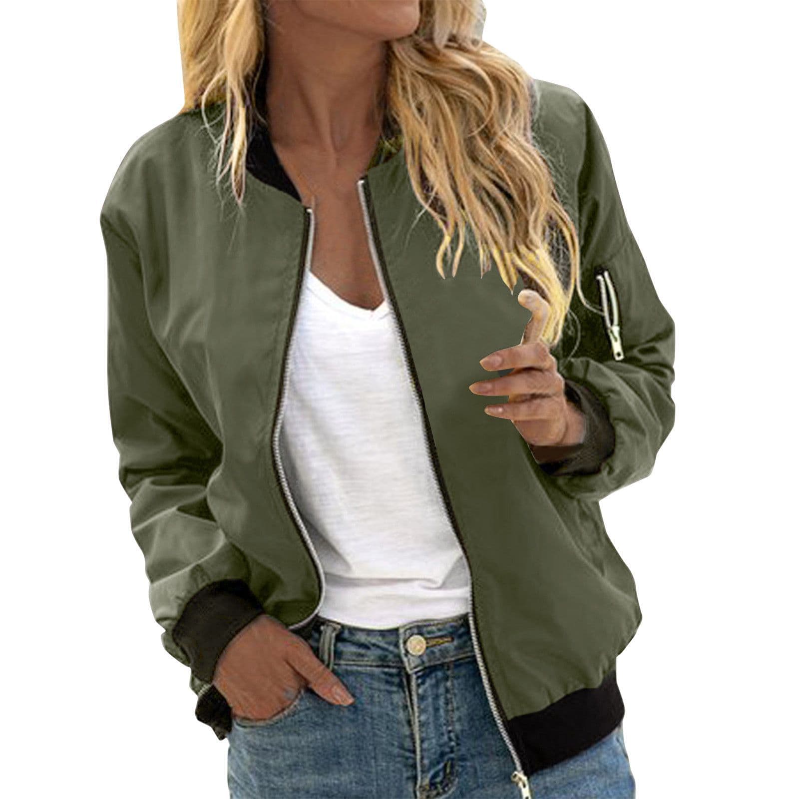 Women's Solid Color Cool Girl Baseball Jackets Round Neck Zipper Vintage Bomber Jacket Autumn Casual Female Bomber Jacket Chic Outerwear 5